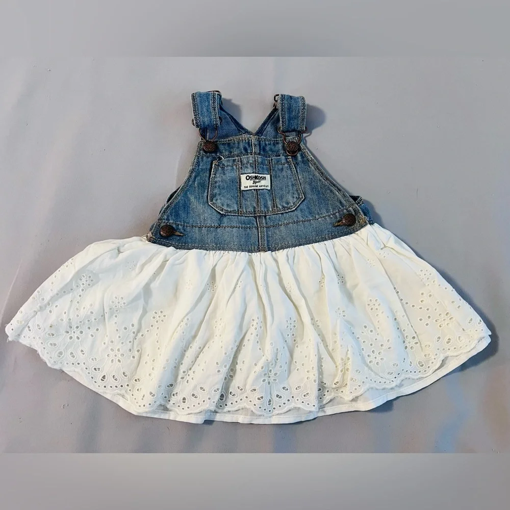 Vtg Osh Kosh Girl Bib Overalls Denim Dress Jumper White Eyelet Lace Sz 9-12 Mths